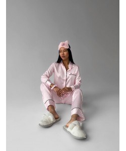Gömlek Yaka Pembe Çizgili Armani İpek Saten Pijama Takımı