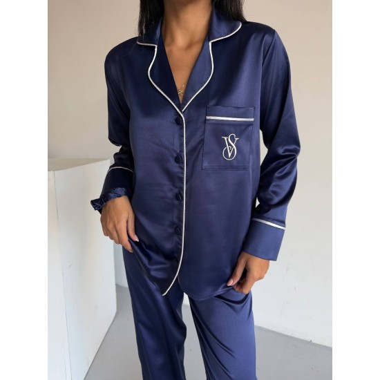 Navy Blue İpek Saten Pijama Takımı