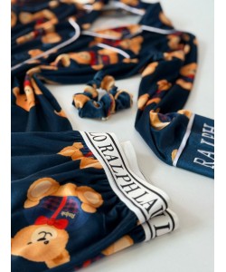 Ayıcık Desen Lacivert Kadife Pijama Takımı 