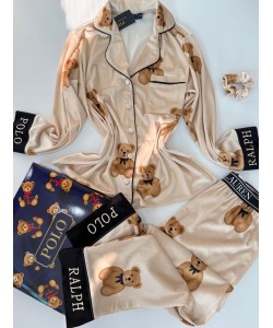 Ayıcık Desen Krem Kadife Pijama Takımı