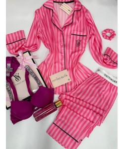 Koyu Pembe Çizgili Pijama Takımı&Vişne Çürüğü Taşlı Sütyen Takımı&Sprey Romantıc