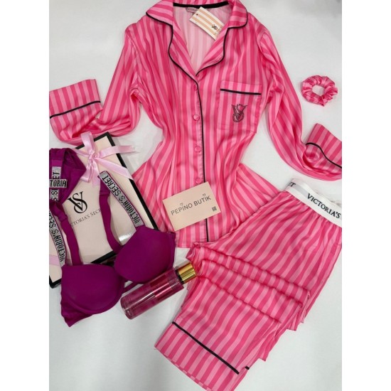 Koyu Pembe Çizgili Pijama Takımı&Vişne Çürüğü Taşlı Sütyen Takımı&Sprey Romantıc