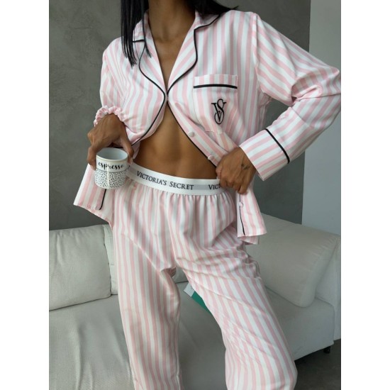 Özel Seri Pembe Çizgili Pamuklu Pijama Takımı