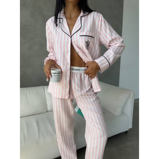 Özel Seri Pembe Çizgili Pamuklu Pijama Takımı