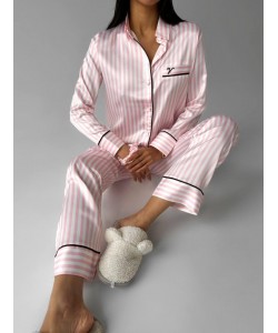 Gömlek Yaka Pembe Çizgili Armani İpek Saten Pijama Takımı