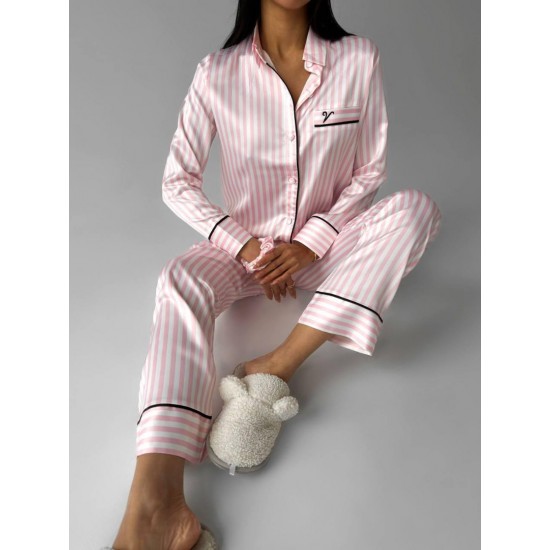 Gömlek Yaka Pembe Çizgili Armani İpek Saten Pijama Takımı Gömlek Yaka Pembe Çizgili Armani İpek Saten Pijama Takımı