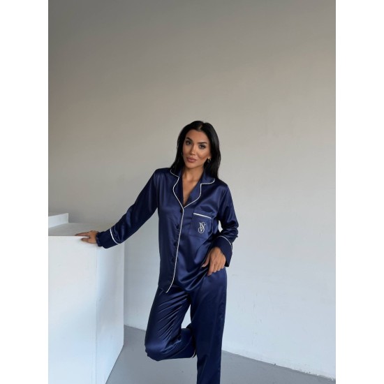 Navy Blue İpek Saten Pijama Takımı