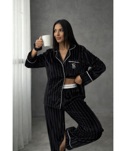 Siyah Çizgili İnci Kadife Pijama Takım