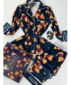 Ayıcık Desen Lacivert Kadife Pijama Takımı 