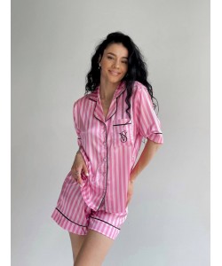 Pembe Çizgili Şortlu İpek Saten Takım