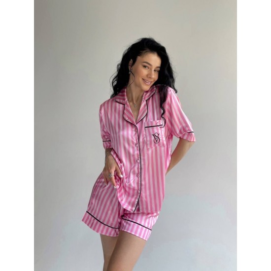 Pembe Çizgili Şortlu İpek Saten Takım