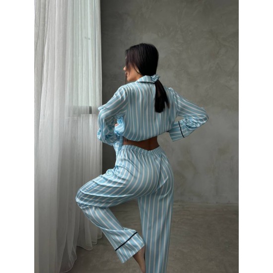 Armani Mavi Çizgili Saten Pijama Takımı Armani Mavi Çizgili Saten Pijama Takımı