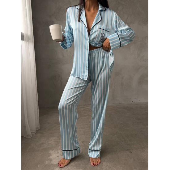 Armani Mavi Çizgili Saten Pijama Takımı Armani Mavi Çizgili Saten Pijama Takımı
