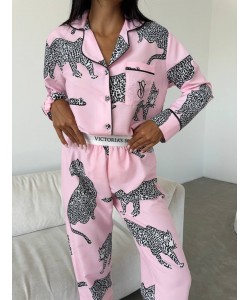 Pembe Leopar Desenli Pamuklu Kadın Pijama Takımı 