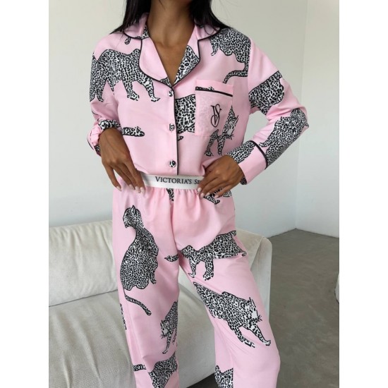 Pembe Leopar Desenli Pamuklu Kadın Pijama Takımı Pembe Leopar Desenli Pamuklu Kadın Pijama Takımı
