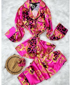 Fuşya Gold Zincir Desen İpek Saten Pijama Takımı