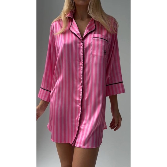 Vs Pembe Çizgili İpek Saten Tunik