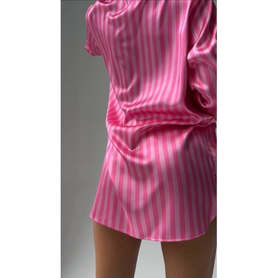 Vs Pembe Çizgili İpek Saten Tunik