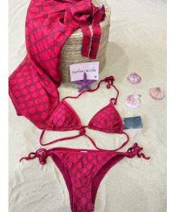 Bordo 3'lü Pareolu Bikini Set