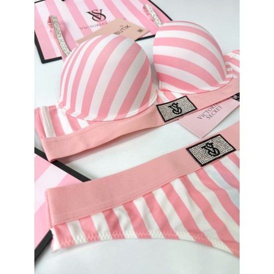 Pembe Çizgili Özel Seri İthal Taşlı Sütyen Takım