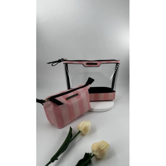 Pembe Çizgili Şeffaf 2’li Makyaj Çantası Seti Pembe Çizgili Şeffaf 2’li Makyaj Çantası Seti