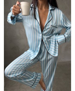  Armani Mavi Çizgili Saten Pijama Takımı