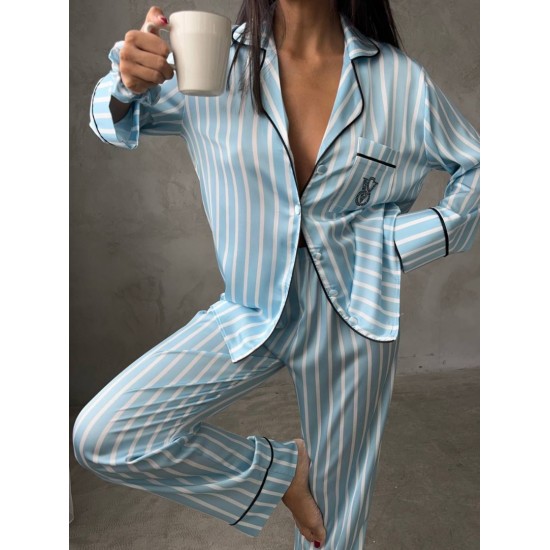 Armani Mavi Çizgili Saten Pijama Takımı Armani Mavi Çizgili Saten Pijama Takımı