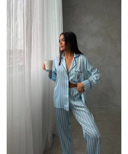  Armani Mavi Çizgili Saten Pijama Takımı