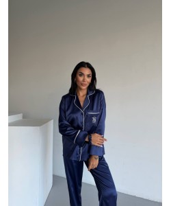 Navy Blue İpek Saten Pijama Takımı