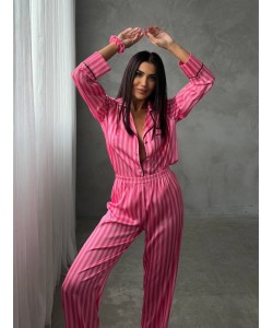 Armani İpek Saten Pembe Çizgili Bel Lastikli Takım 