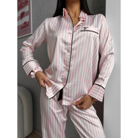 Gömlek Yaka Pembe Çizgili Armani İpek Saten Pijama Takımı Gömlek Yaka Pembe Çizgili Armani İpek Saten Pijama Takımı