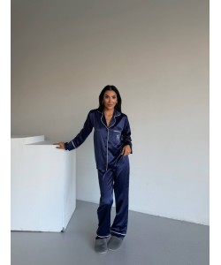 Navy Blue İpek Saten Pijama Takımı