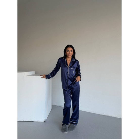 Navy Blue İpek Saten Pijama Takımı