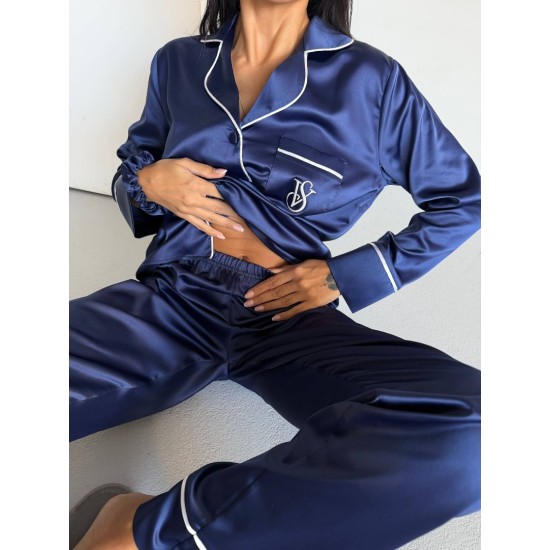 Navy Blue İpek Saten Pijama Takımı