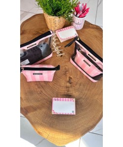 Pembe Çizgili Şeffaf 2’li Makyaj Çantası Seti