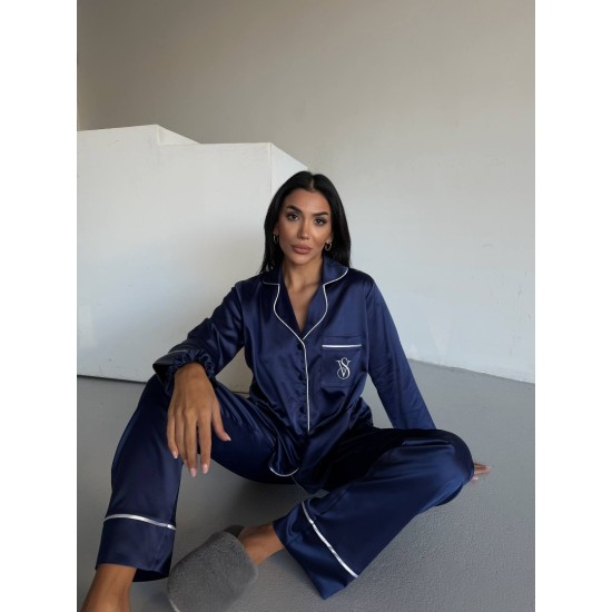 Navy Blue İpek Saten Pijama Takımı