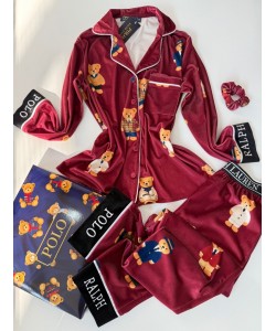 Ayıcık Desen Bordo Kadife Pijama Takımı