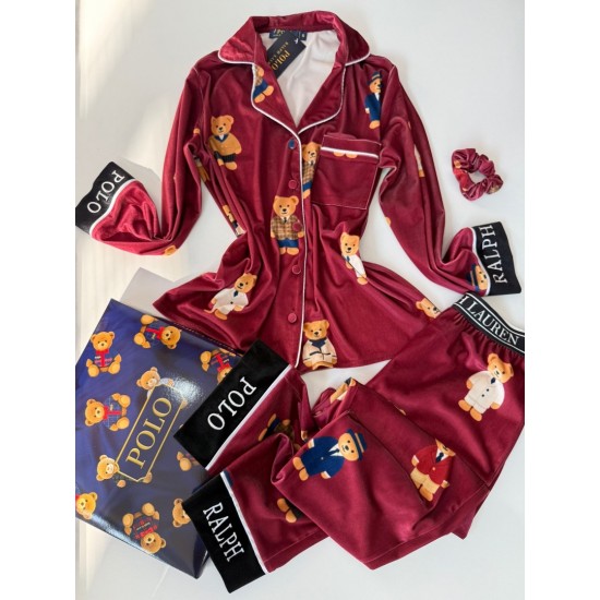 Ayıcık Desen Bordo Kadife Pijama Takımı
