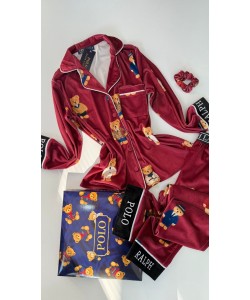 Ayıcık Desen Bordo Kadife Pijama Takımı