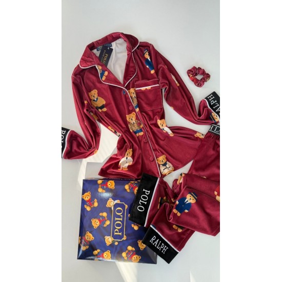 Ayıcık Desen Bordo Kadife Pijama Takımı