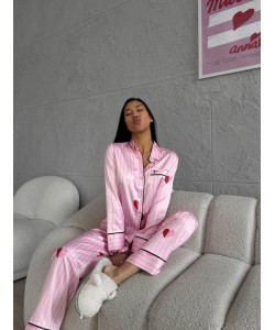 Gömlek Yaka Pembe Çizgili İpek Saten Pijama Takımı