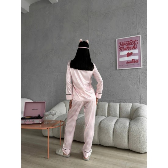 Gömlek Yaka Pembe Çizgili Armani İpek Saten Pijama Takımı Gömlek Yaka Pembe Çizgili Armani İpek Saten Pijama Takımı