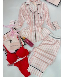 Açık Pembe Çizgili Pijama Takımı& Kırmızı Taşlı Sütyen Takımı&Sprey Romantıc
