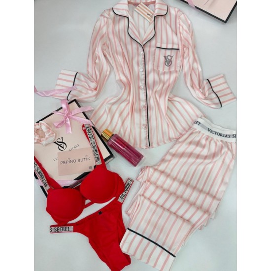 Açık Pembe Çizgili Pijama Takımı& Kırmızı Taşlı Sütyen Takımı&Sprey Romantıc