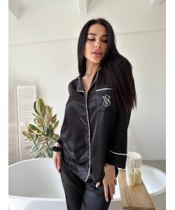 Siyah Nakışlı İpek Saten Pijama Takımı