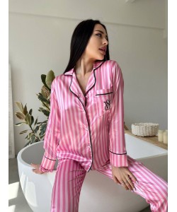 Pembe Çizgili İpek Saten Pijama Takımı