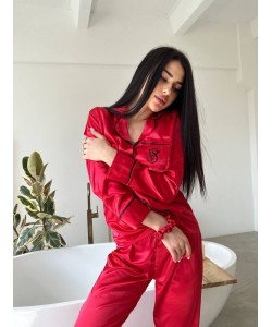 Kırmızı Nakışlı İpek Saten Pijama Takımı