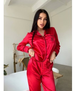 Kırmızı Nakışlı İpek Saten Pijama Takımı