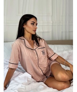 Bej Çizgili Şortlu Takım 