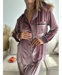 Pudra Nakışlı İnci Kadife Pijama Takım